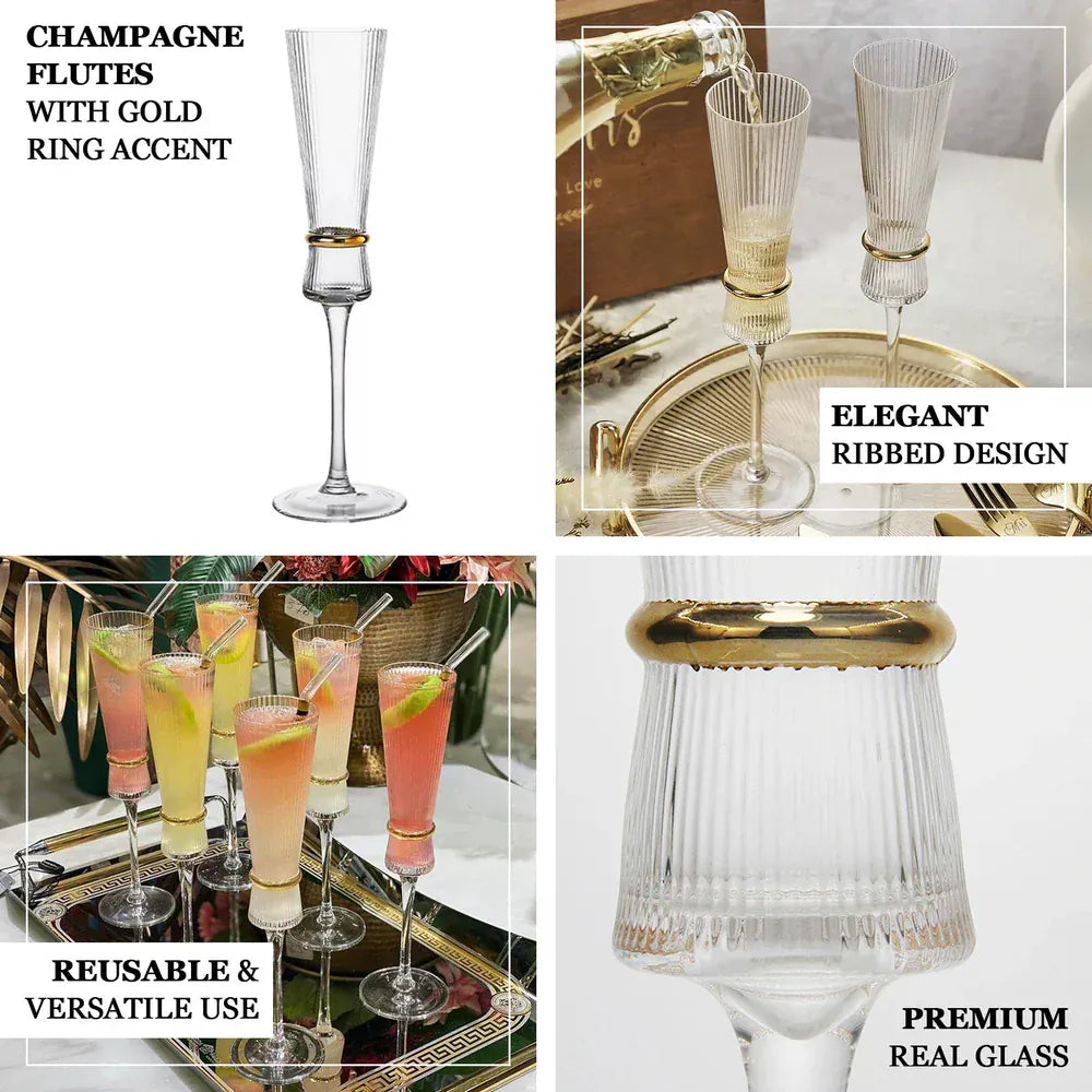 6 Clear Champagne Flutes 6oz Ribbed Stemware with Gold Ring Accent