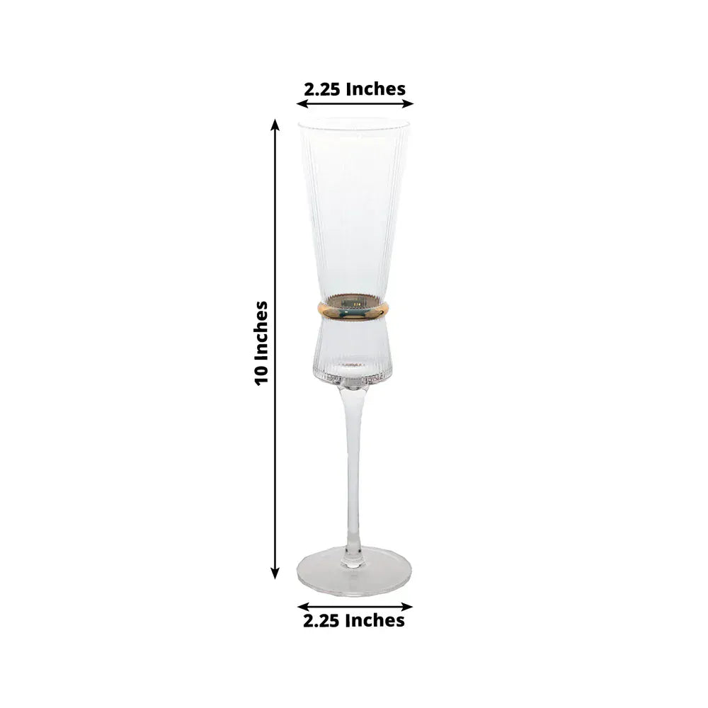 6 Clear Champagne Flutes 6oz Ribbed Stemware with Gold Ring Accent