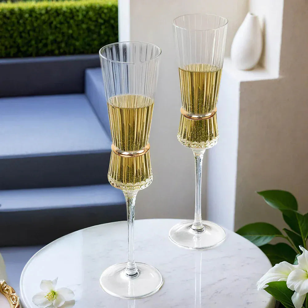 6 Clear Champagne Flutes 6oz Ribbed Stemware with Gold Ring Accent