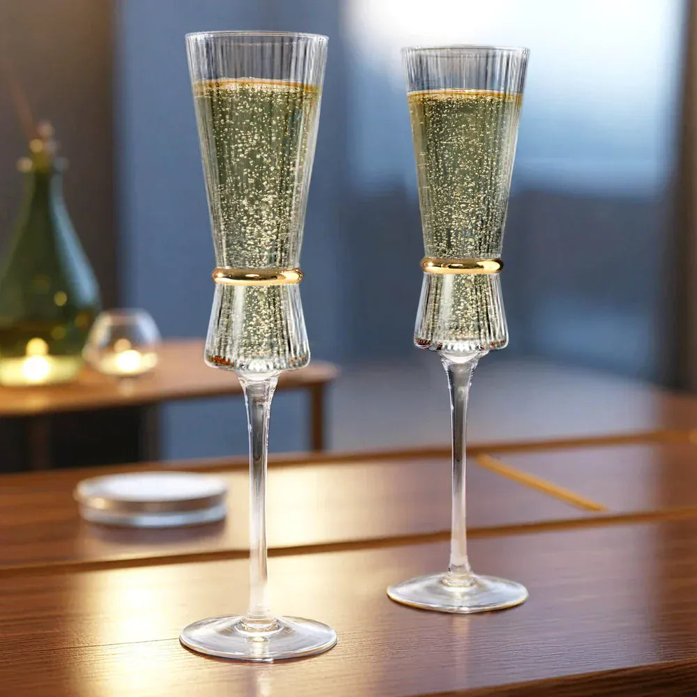 6 Clear Champagne Flutes 6oz Ribbed Stemware with Gold Ring Accent