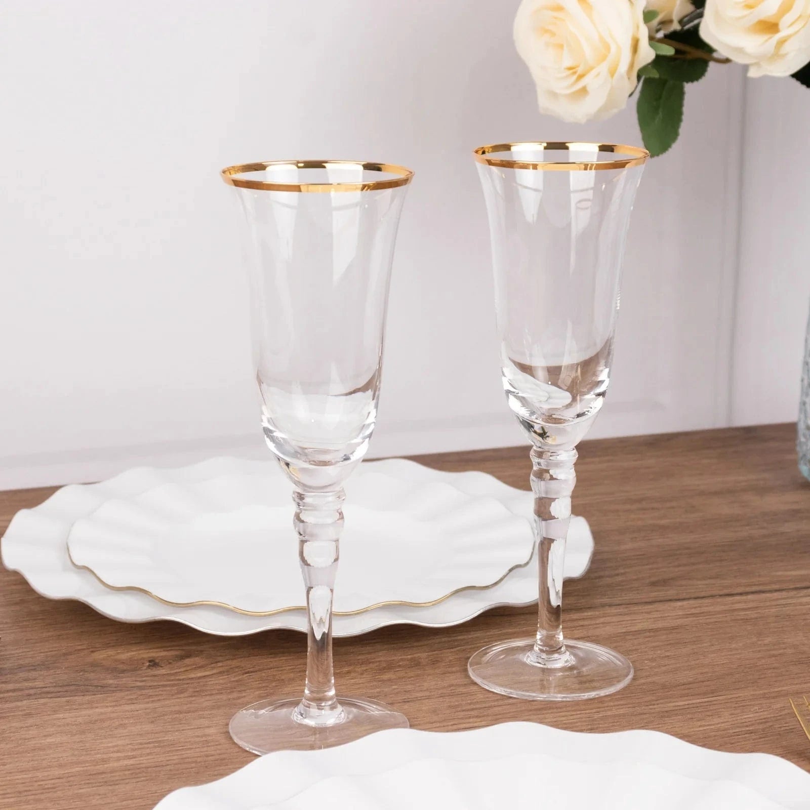 6 Clear Glasses 6oz Gold Rimmed Design with Long Beaded Stem