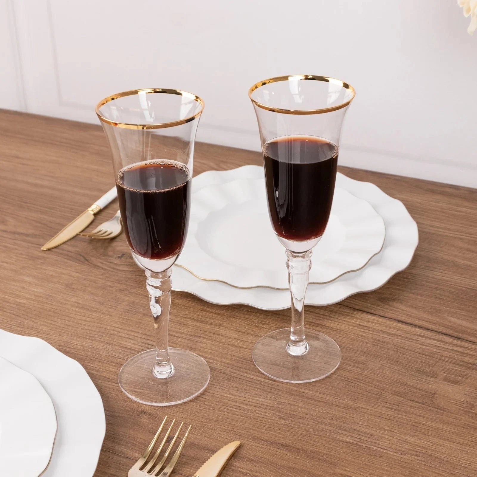 6 Clear Glasses 6oz Gold Rimmed Design with Long Beaded Stem