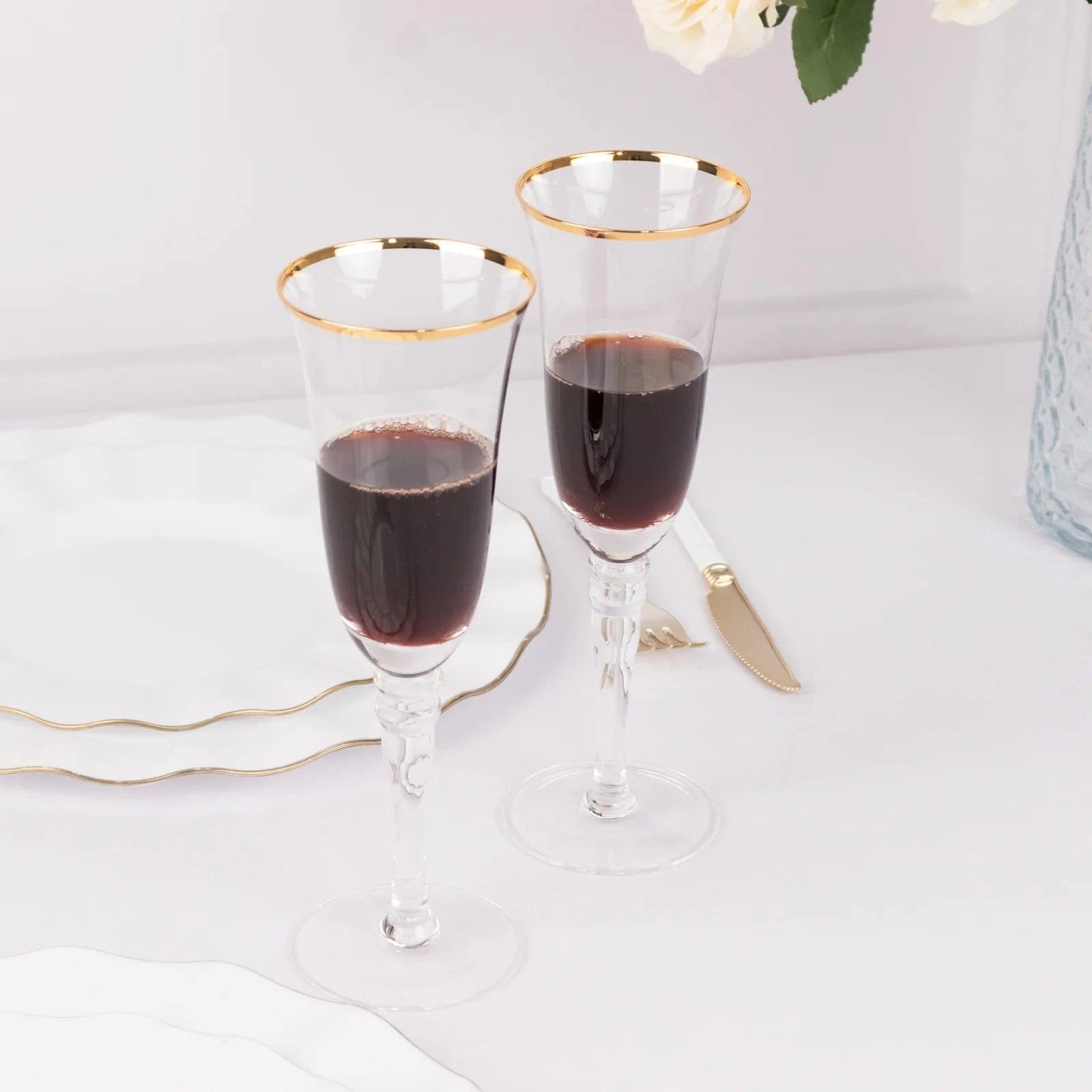 6 Clear Glasses 6oz Gold Rimmed Design with Long Beaded Stem