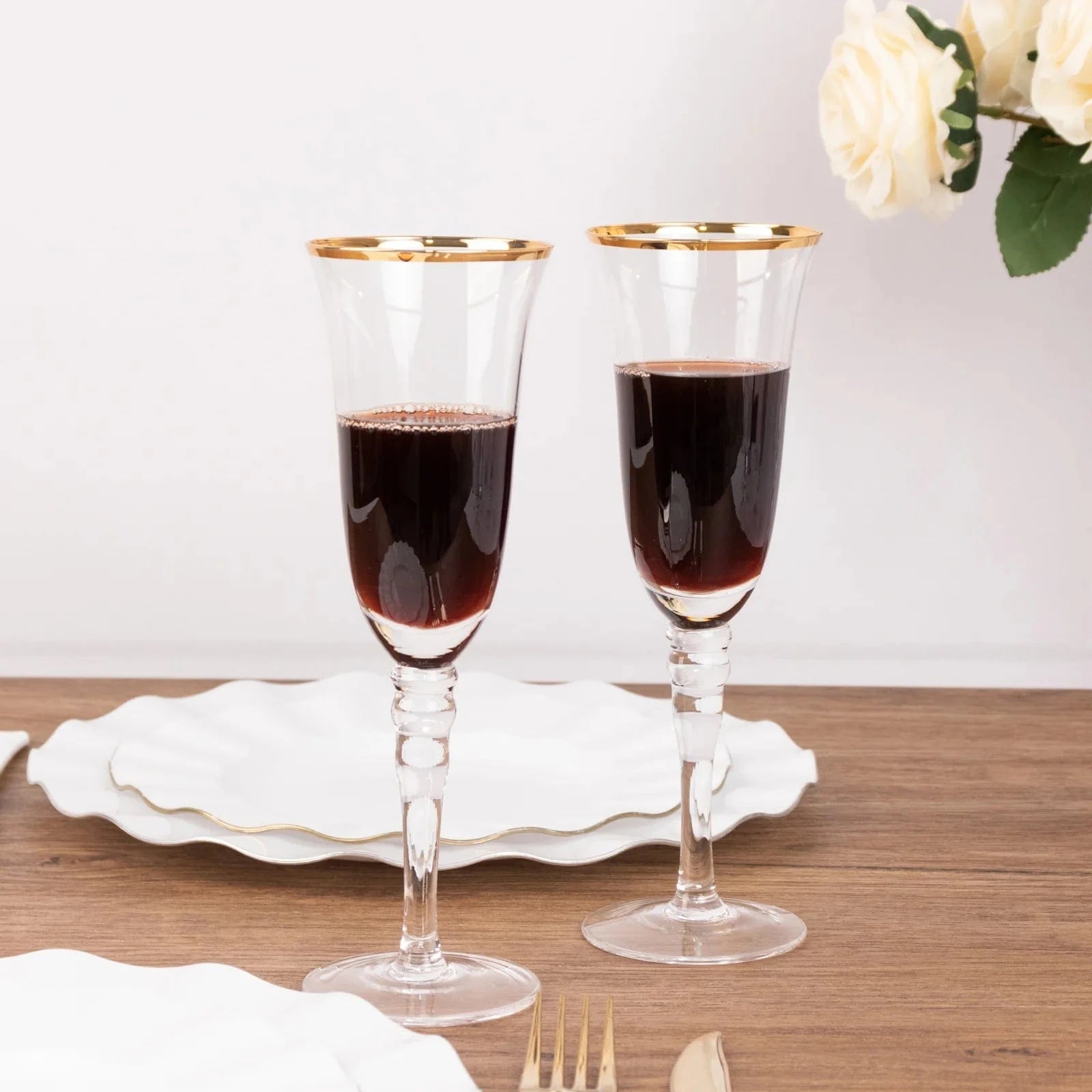 6 Clear Glasses 6oz Gold Rimmed Design with Long Beaded Stem