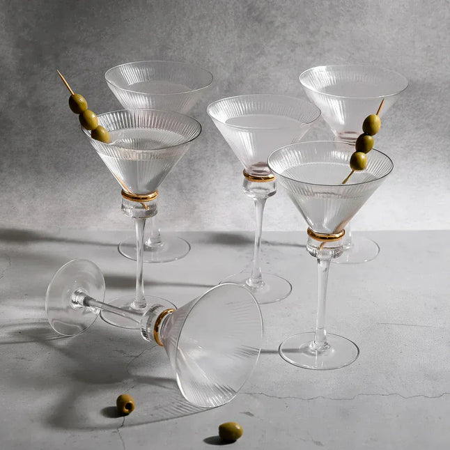 6 Clear Martini Glasses 10oz Ribbed Design with Gold Ring Accent