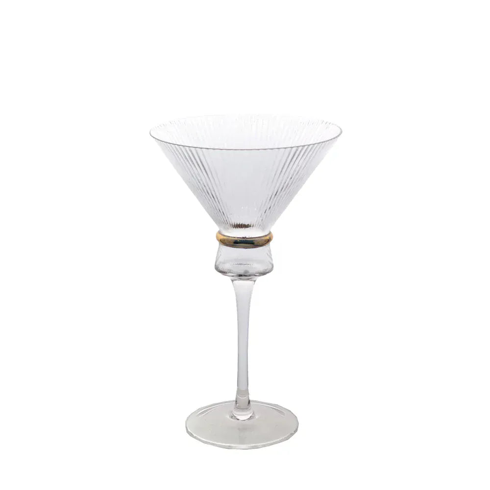 6 Clear Martini Glasses 10oz Ribbed Design with Gold Ring Accent