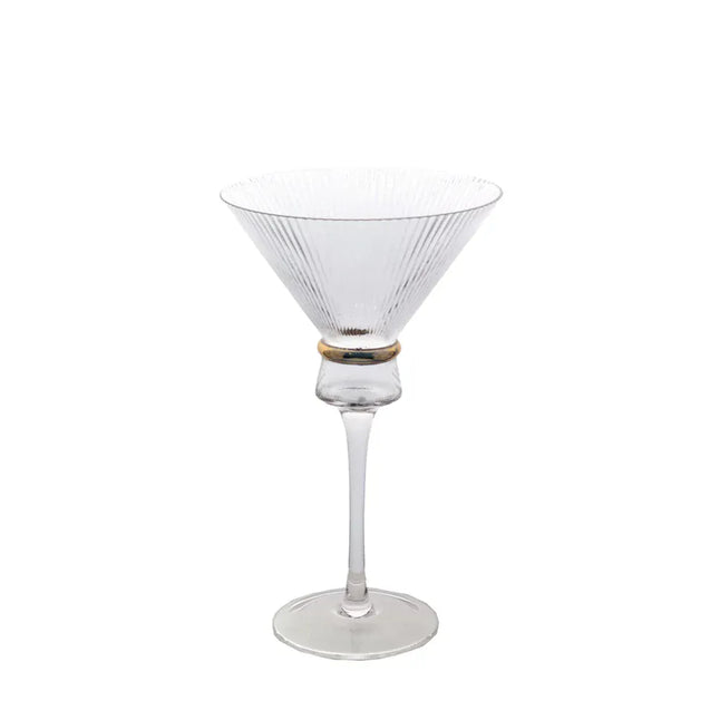 6 Clear Martini Glasses 10oz Ribbed Design with Gold Ring Accent