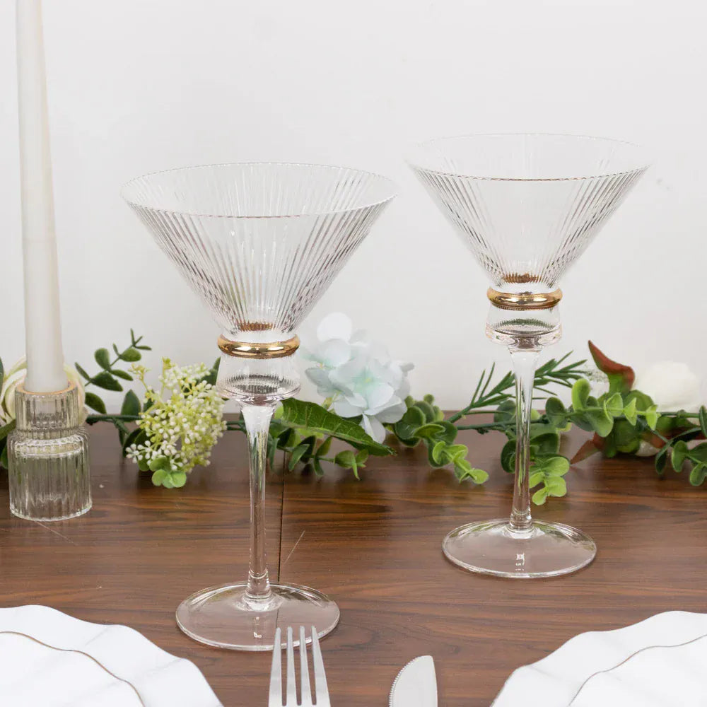 6 Clear Martini Glasses 10oz Ribbed Design with Gold Ring Accent