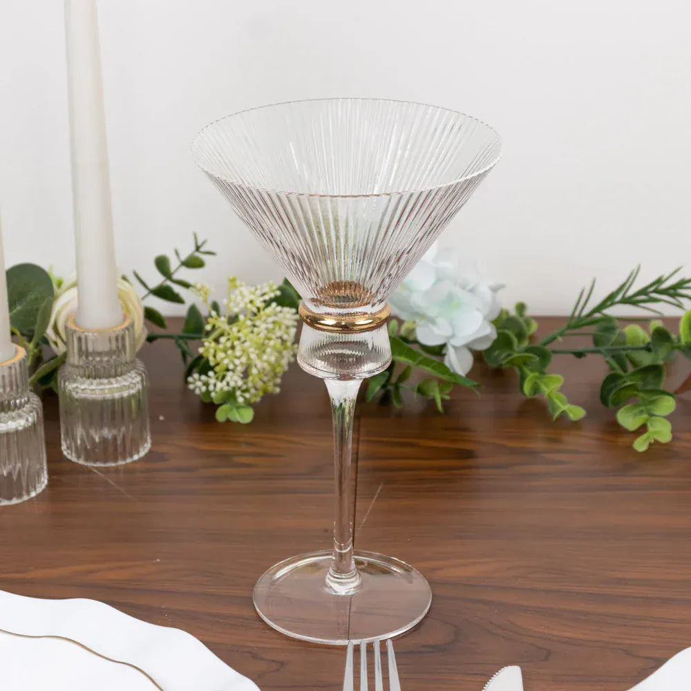 6 Clear Martini Glasses 10oz Ribbed Design with Gold Ring Accent