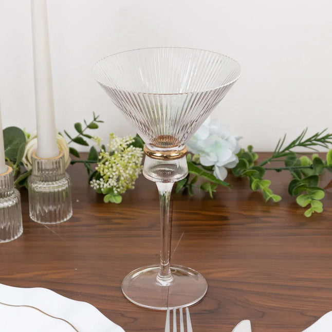 6 Clear Martini Glasses 10oz Ribbed Design with Gold Ring Accent