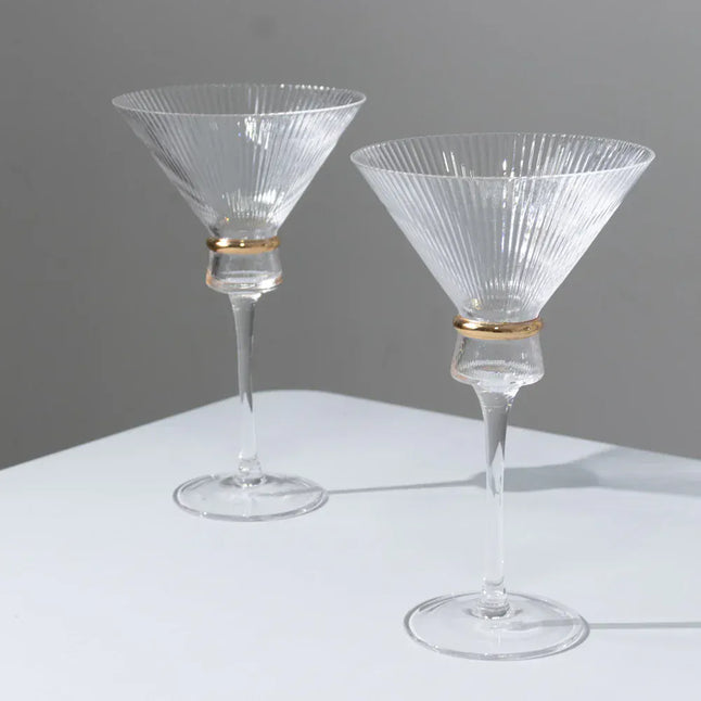 6 Clear Martini Glasses 10oz Ribbed Design with Gold Ring Accent