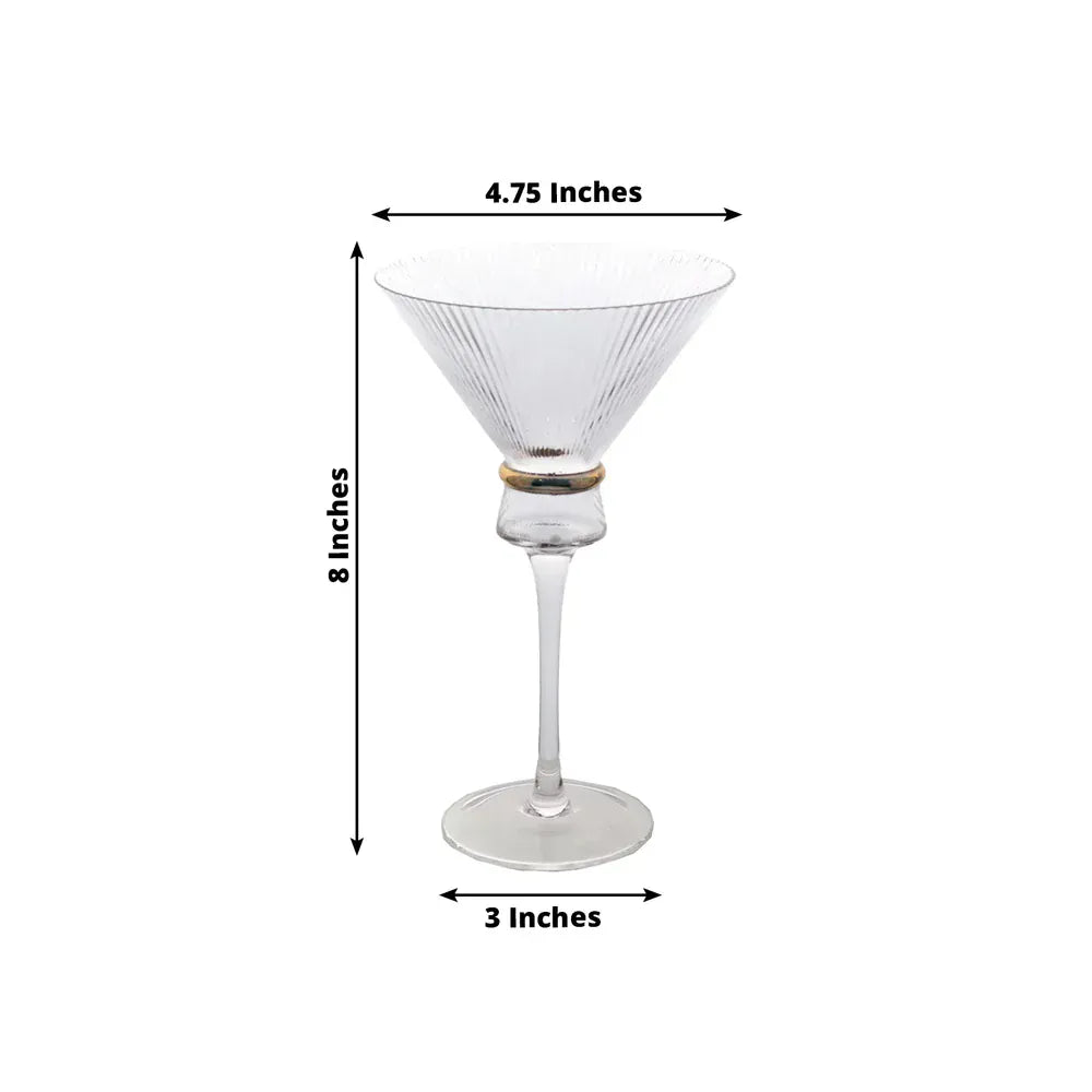 6 Clear Martini Glasses 10oz Ribbed Design with Gold Ring Accent