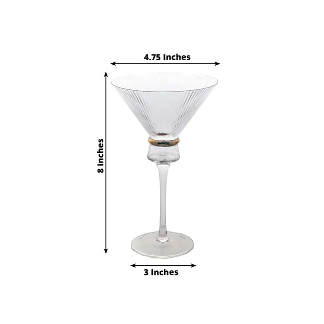 6 Clear Martini Glasses 10oz Ribbed Design with Gold Ring Accent