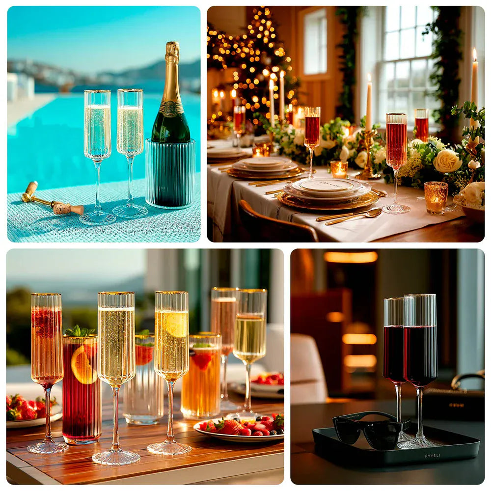 6 Clear Ribbed Cylindrical Champagne Flute Glasses 7oz Gold Rim Design