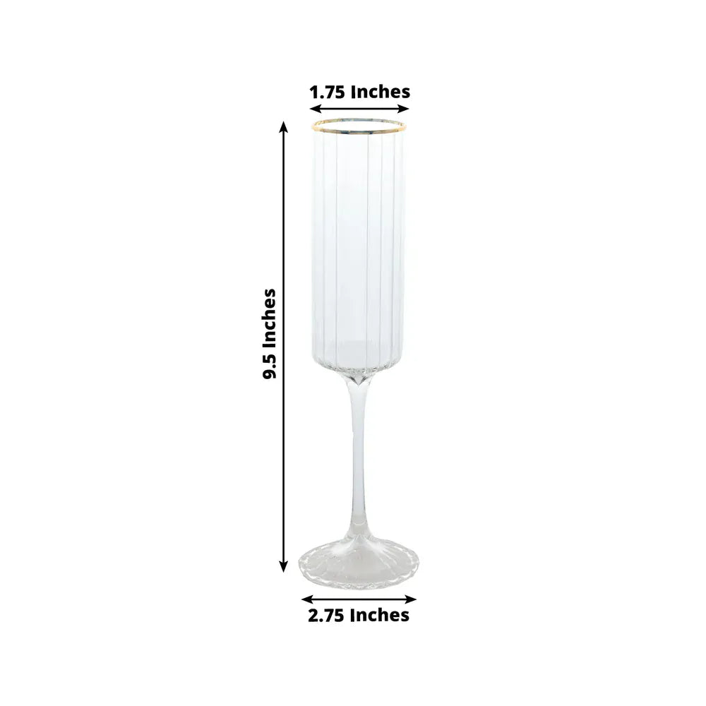 6 Clear Ribbed Cylindrical Champagne Flute Glasses 7oz Gold Rim Design