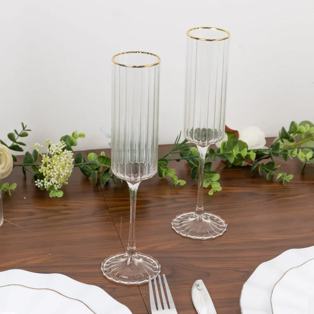 6 Clear Ribbed Cylindrical Champagne Flute Glasses 7oz Gold Rim Design