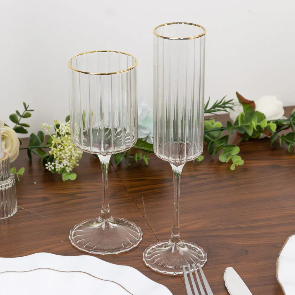 6 Clear Vintage Goblet Wine Glasses 10oz Ribbed Design with Gold Rim