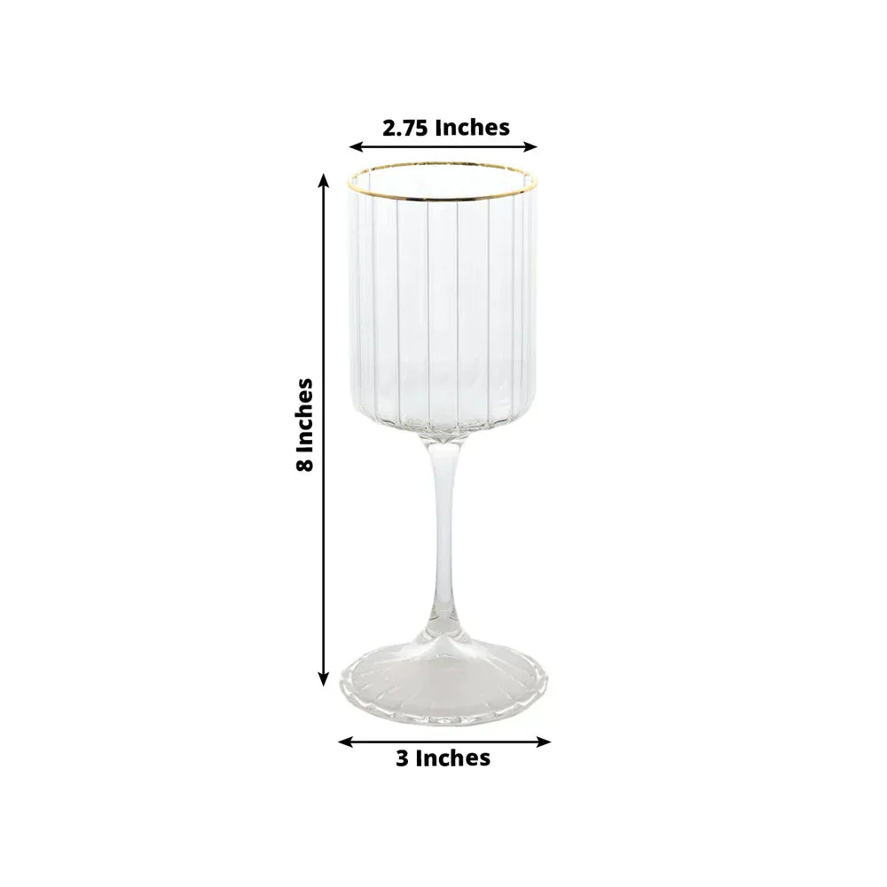 6 Clear Vintage Goblet Wine Glasses 10oz Ribbed Design with Gold Rim