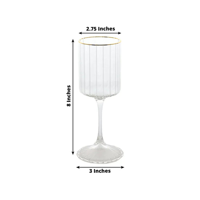 6 Clear Vintage Goblet Wine Glasses 10oz Ribbed Design with Gold Rim