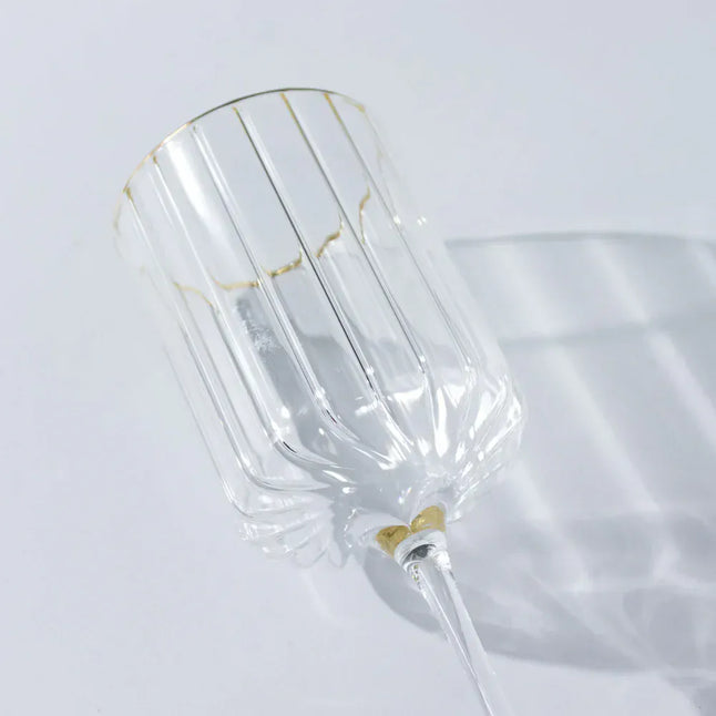 6 Clear Vintage Goblet Wine Glasses 10oz Ribbed Design with Gold Rim