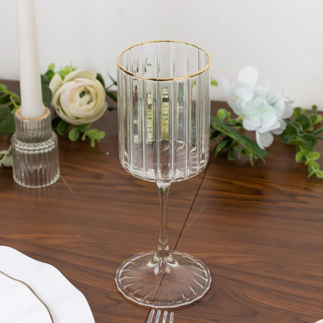 6 Clear Vintage Goblet Wine Glasses 10oz Ribbed Design with Gold Rim