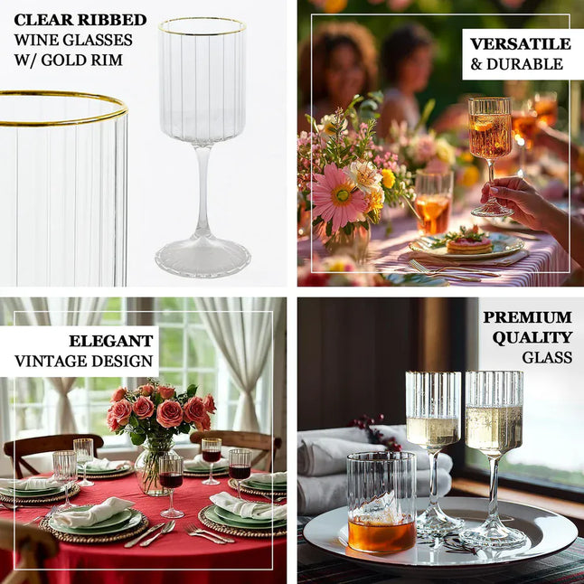 6 Clear Vintage Goblet Wine Glasses 10oz Ribbed Design with Gold Rim