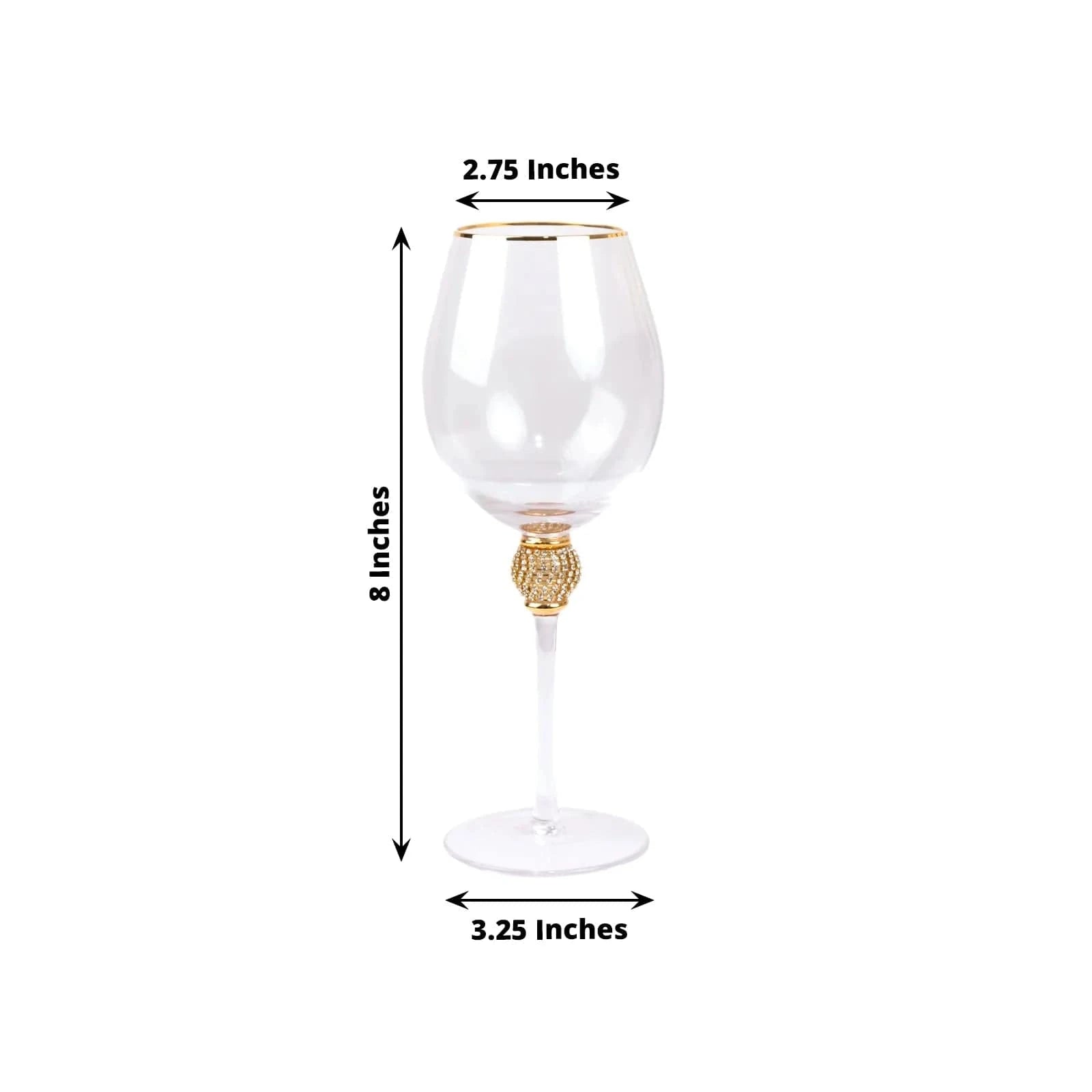 6 Clear Wine Glasses 16oz Gold Rimmed Design with Rhinestone Studded Stem