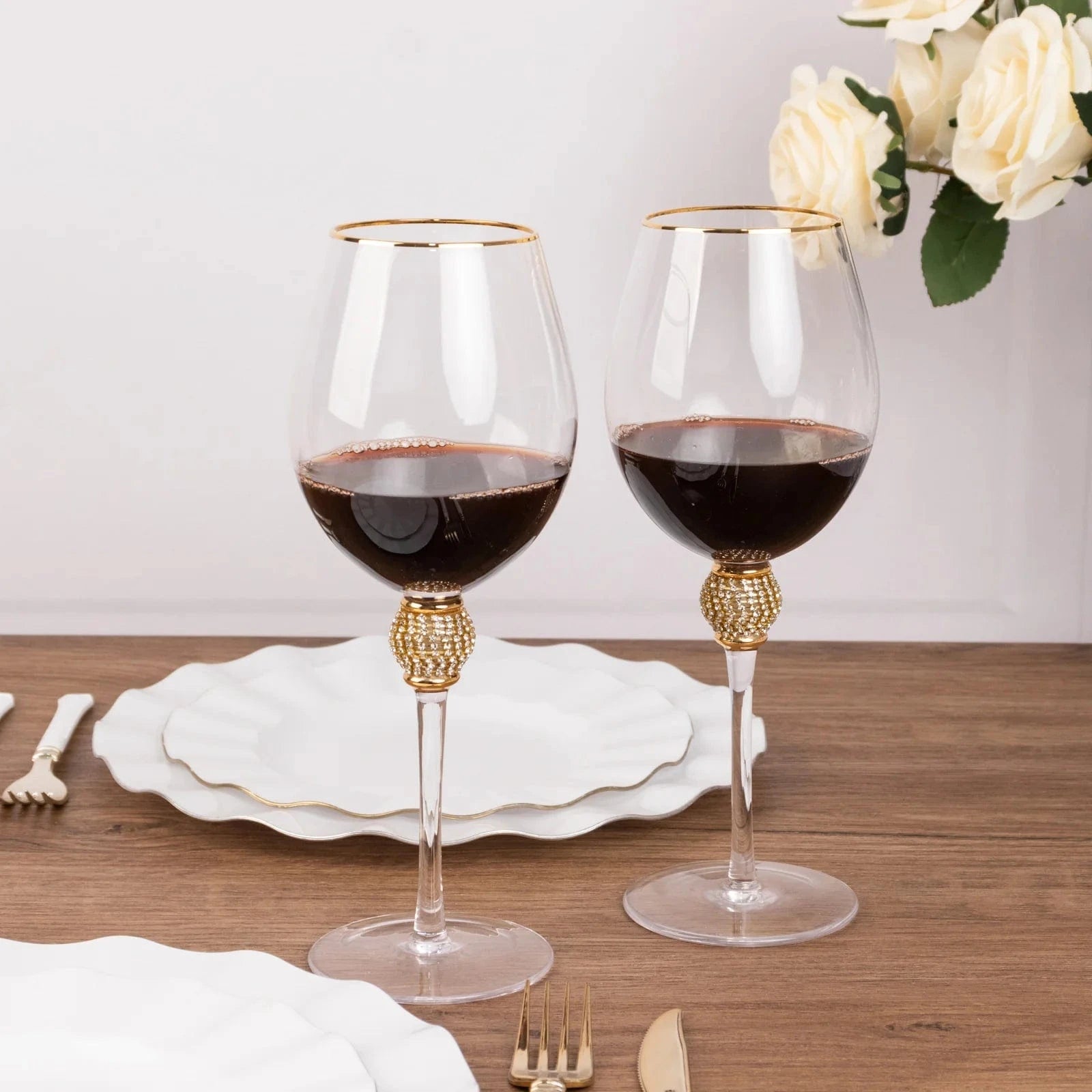 6 Clear Wine Glasses 16oz Gold Rimmed Design with Rhinestone Studded Stem