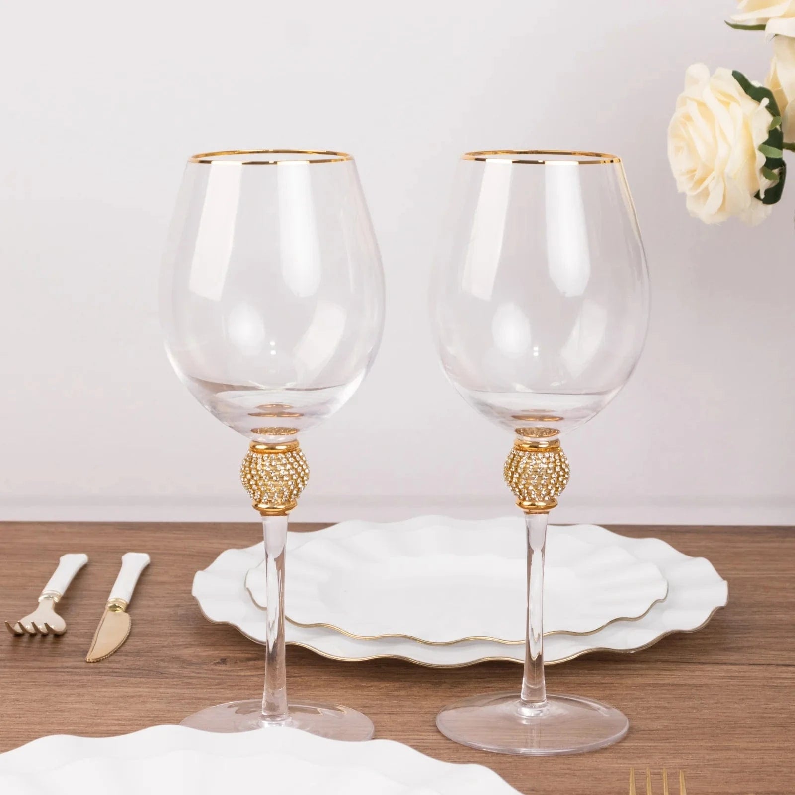 6 Clear Wine Glasses 16oz Gold Rimmed Design with Rhinestone Studded Stem