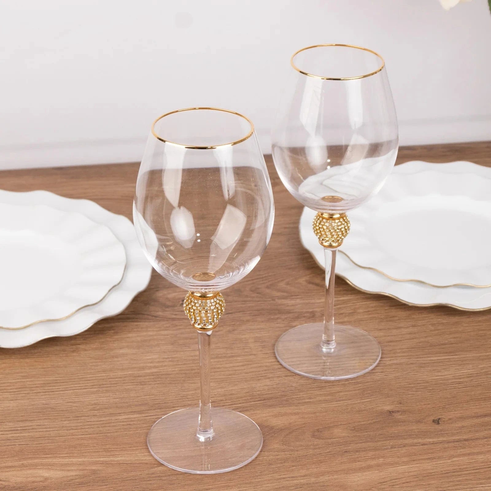 6 Clear Wine Glasses 16oz Gold Rimmed Design with Rhinestone Studded Stem