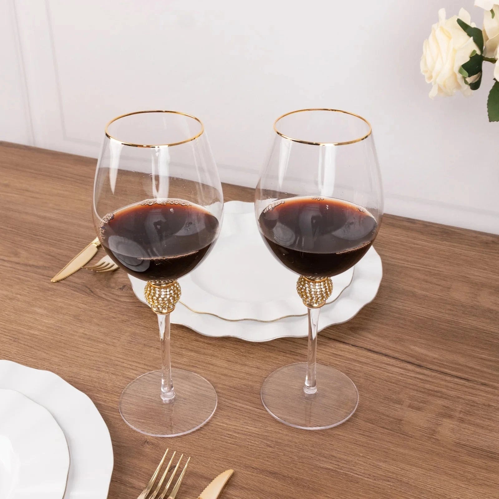 6 Clear Wine Glasses 16oz Gold Rimmed Design with Rhinestone Studded Stem