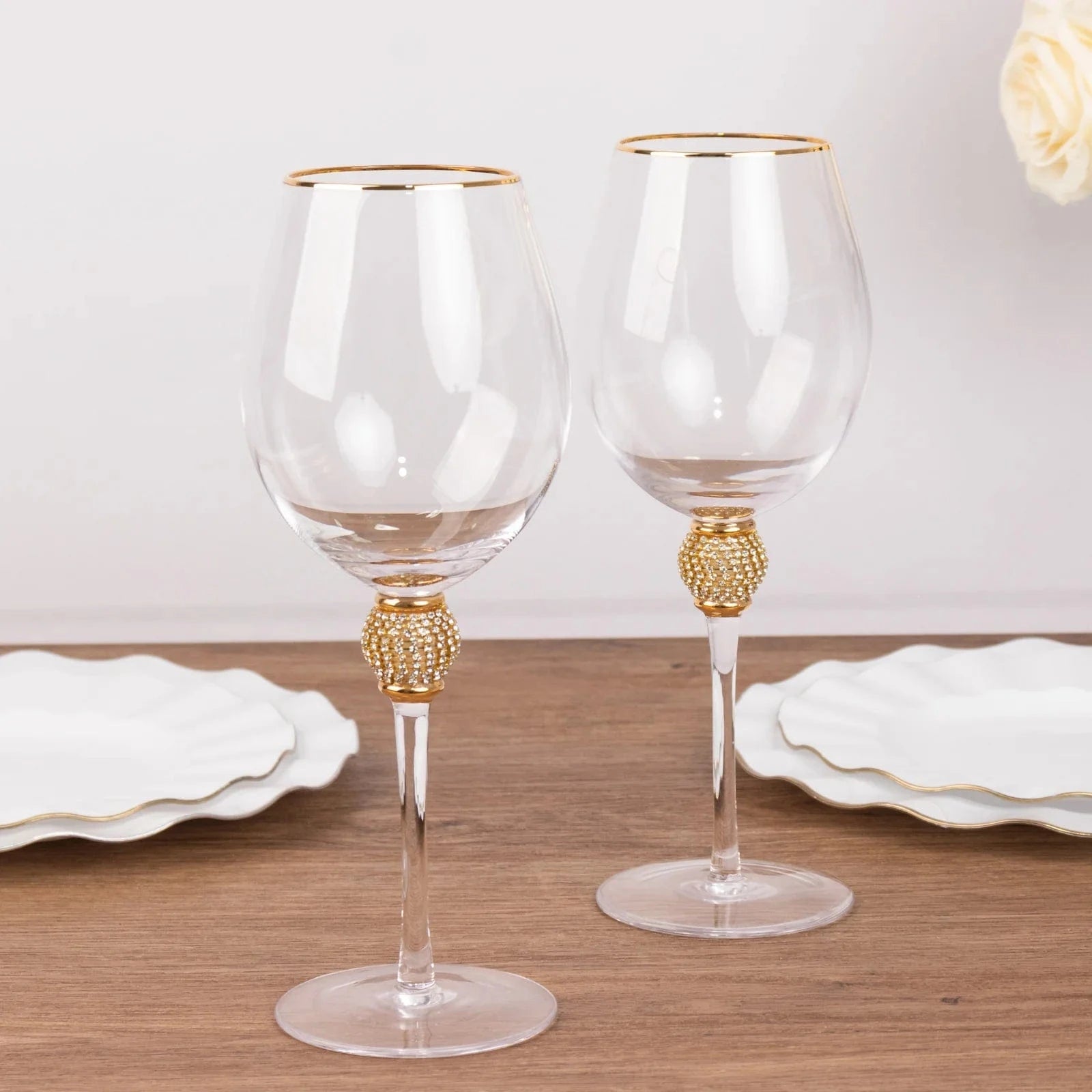 6 Clear Wine Glasses 16oz Gold Rimmed Design with Rhinestone Studded Stem
