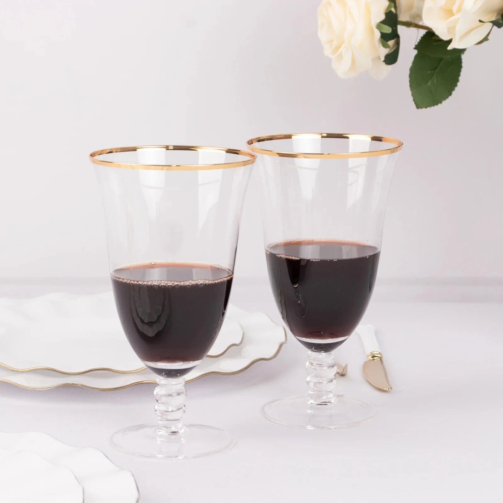 6 Clear Wine Glasses 16oz Gold Rimmed Design with Short Beaded Stem