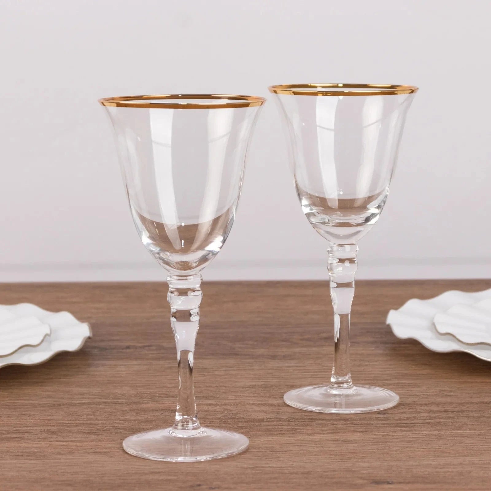6 Clear Wine Glasses 9 oz Gold Rimmed Design with Long Beaded Stem