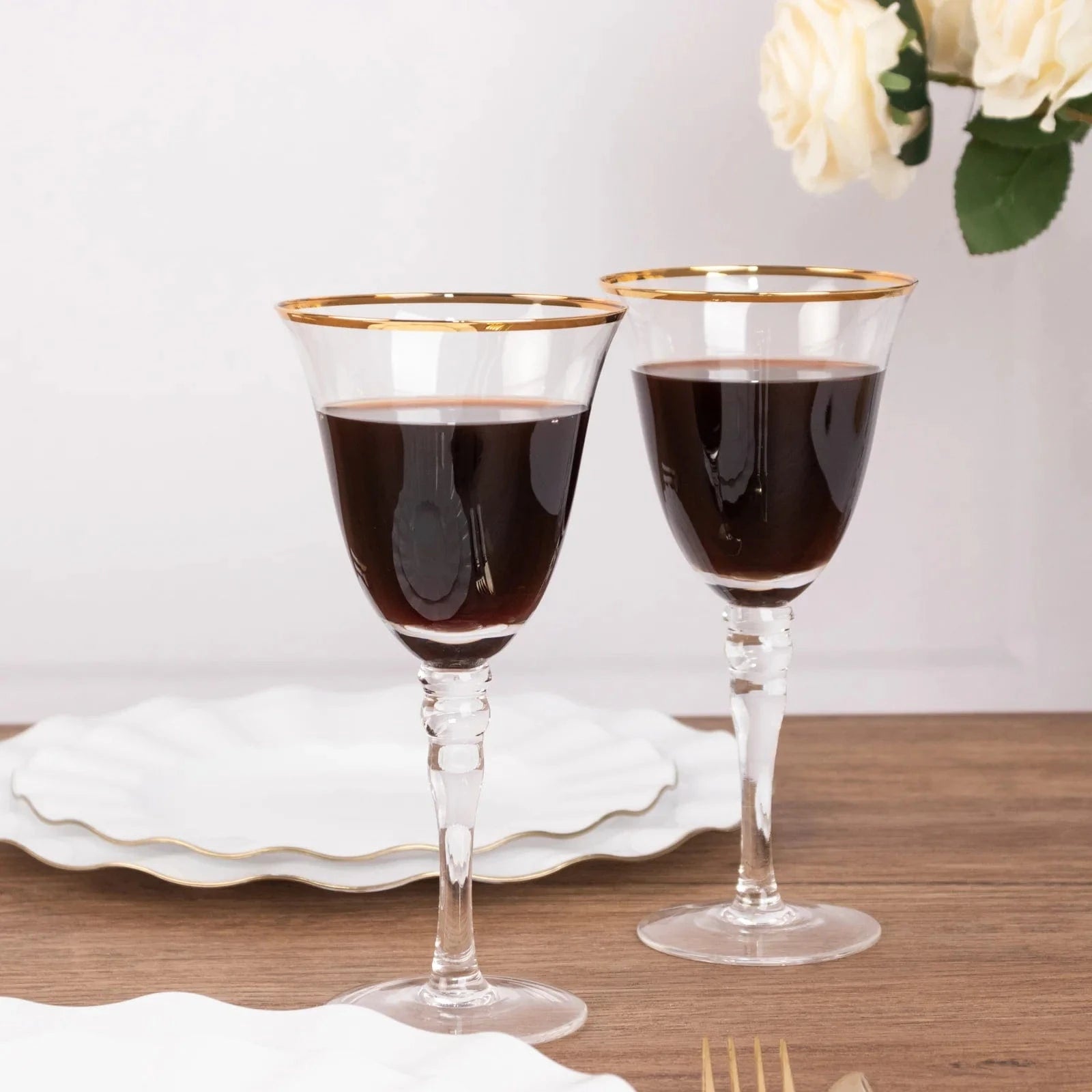 6 Clear Wine Glasses 9 oz Gold Rimmed Design with Long Beaded Stem