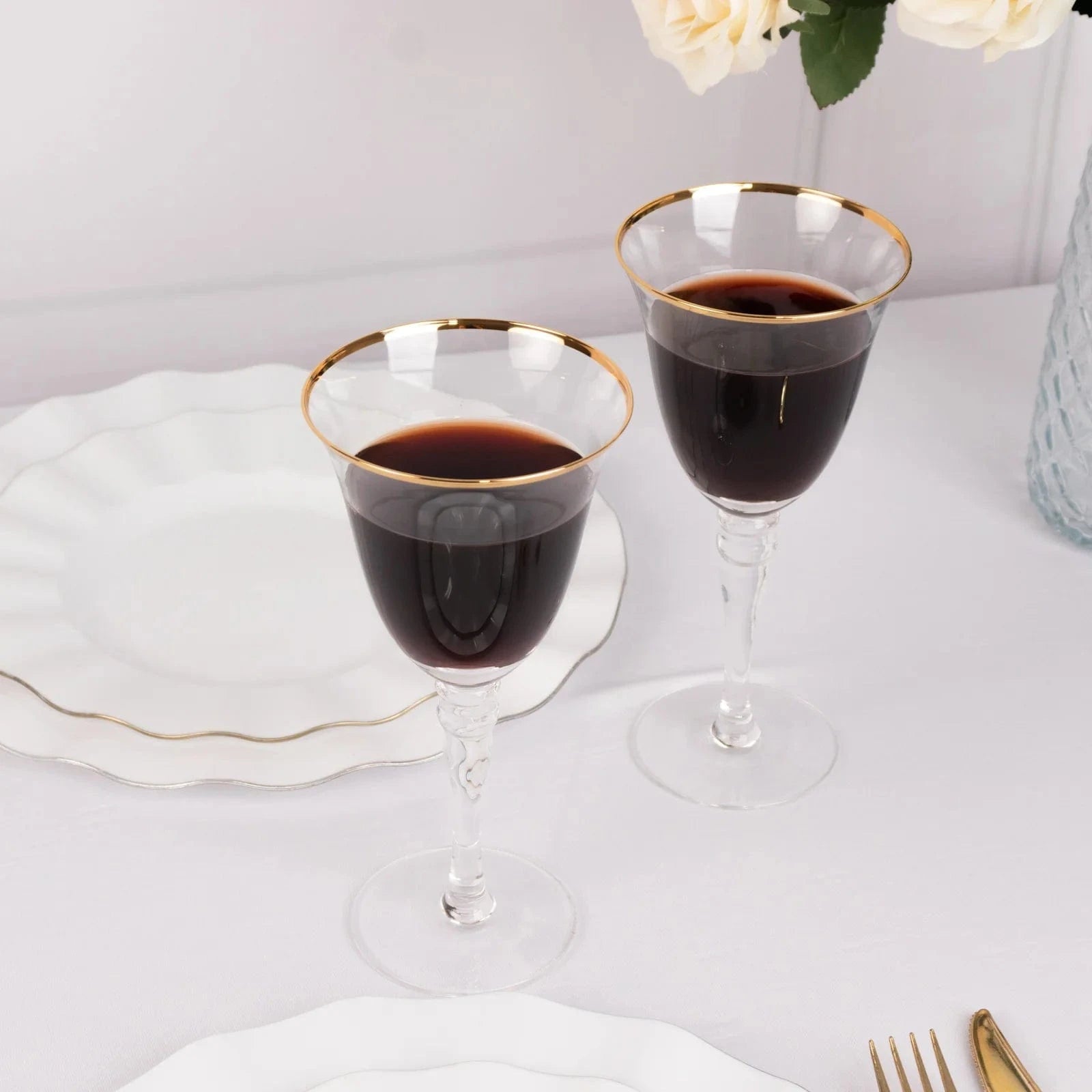 6 Clear Wine Glasses 9 oz Gold Rimmed Design with Long Beaded Stem