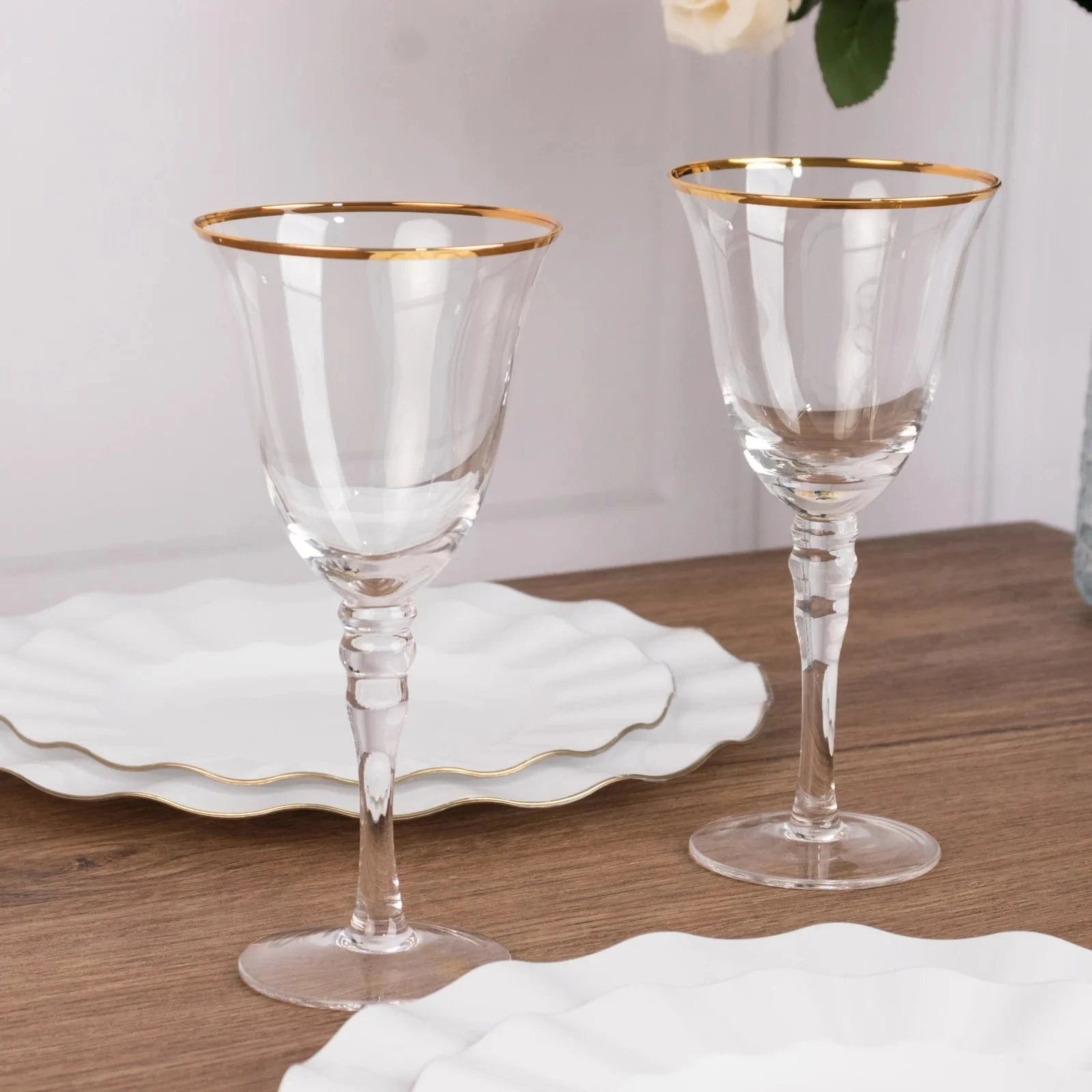 6 Clear Wine Glasses 9 oz Gold Rimmed Design with Long Beaded Stem