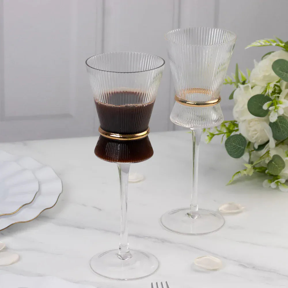 6 Clear Wine Glasses 9oz Ribbed Design with Gold Ring Accent