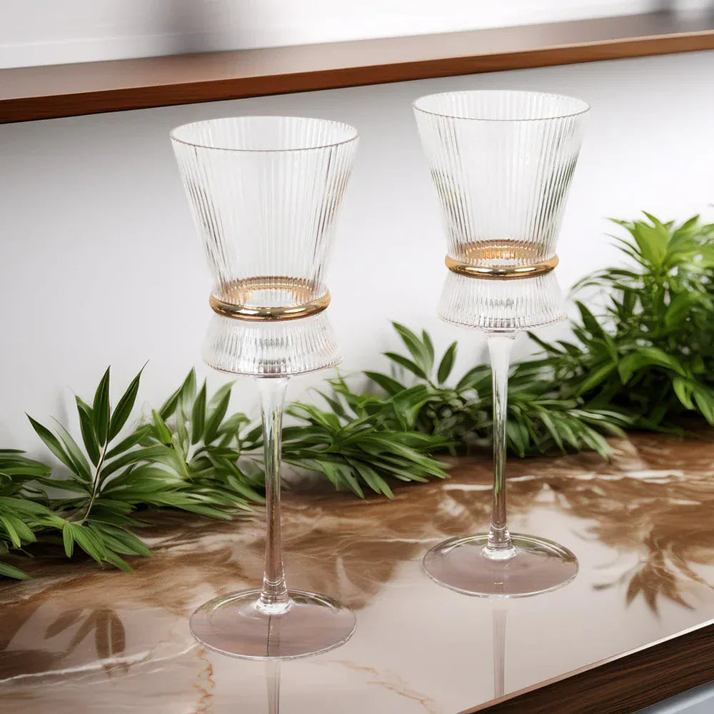 6 Clear Wine Glasses 9oz Ribbed Design with Gold Ring Accent