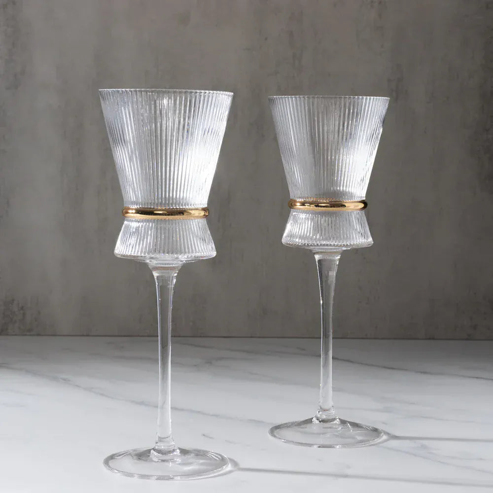 6 Clear Wine Glasses 9oz Ribbed Design with Gold Ring Accent