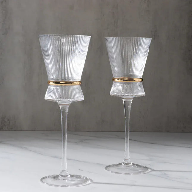 6 Clear Wine Glasses 9oz Ribbed Design with Gold Ring Accent