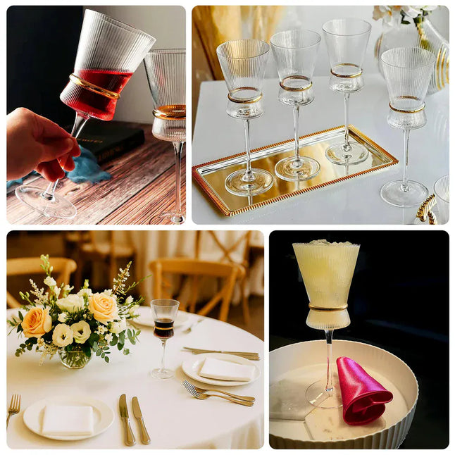 6 Clear Wine Glasses 9oz Ribbed Design with Gold Ring Accent