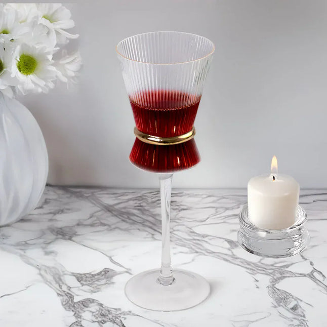 6 Clear Wine Glasses 9oz Ribbed Design with Gold Ring Accent