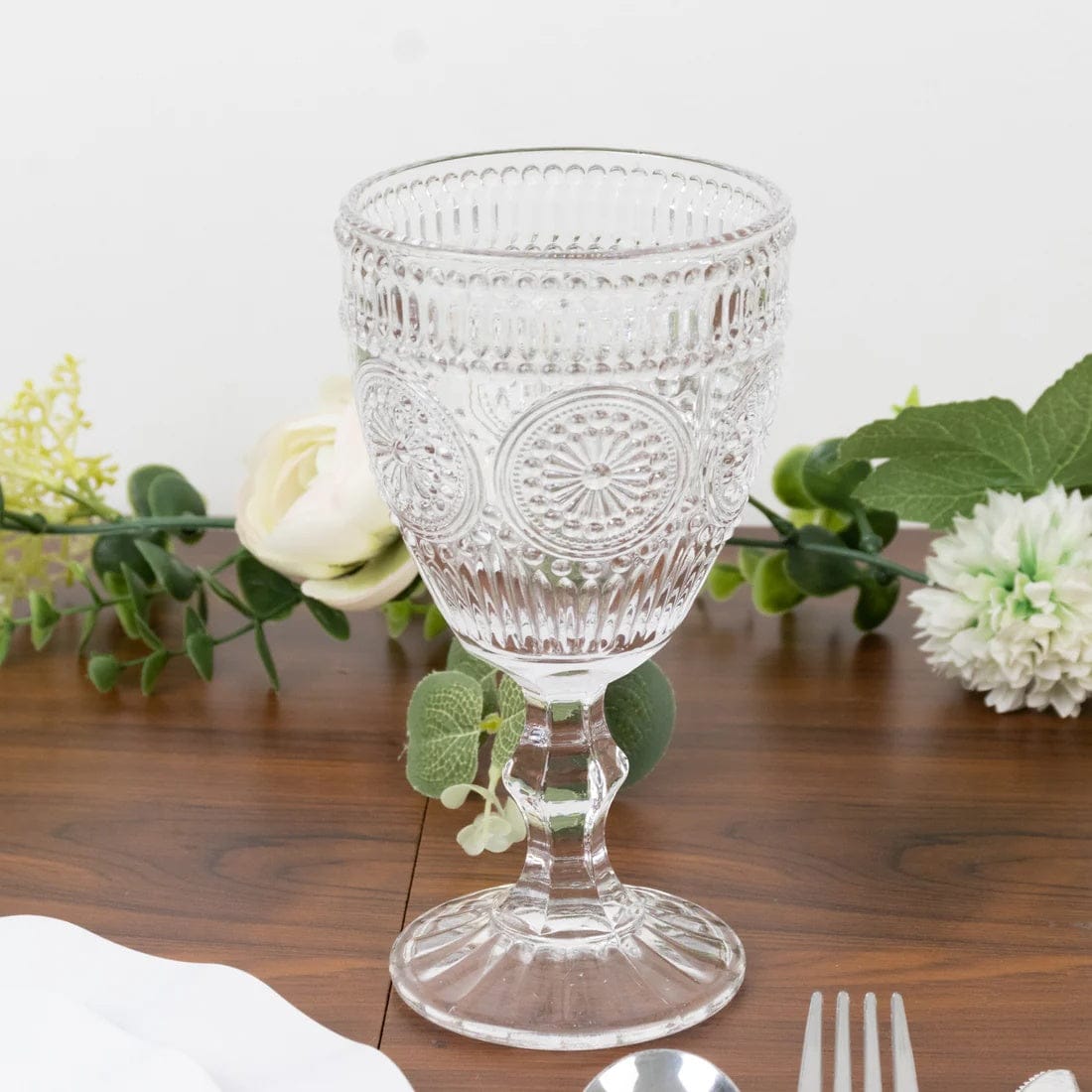 6 Goblets 11 oz Vintage Wine Glasses with Embossed Floral Pattern