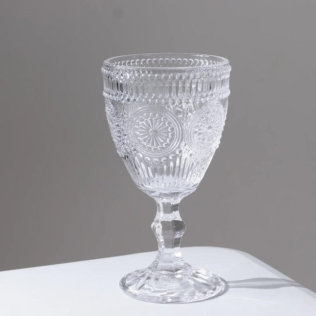 6 Goblets 11 oz Vintage Wine Glasses with Embossed Floral Pattern