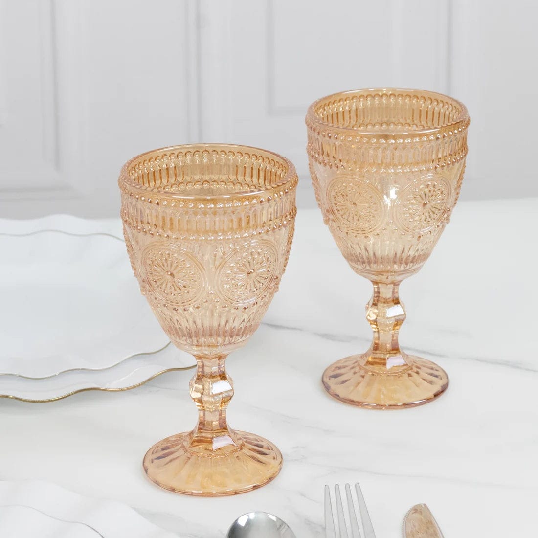 6 Goblets 11 oz Vintage Wine Glasses with Embossed Floral Pattern