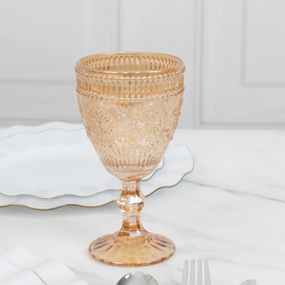 6 Goblets 11 oz Vintage Wine Glasses with Embossed Floral Pattern