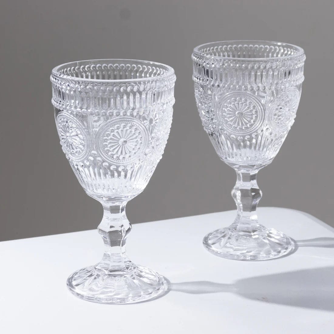 6 Goblets 11 oz Vintage Wine Glasses with Embossed Floral Pattern