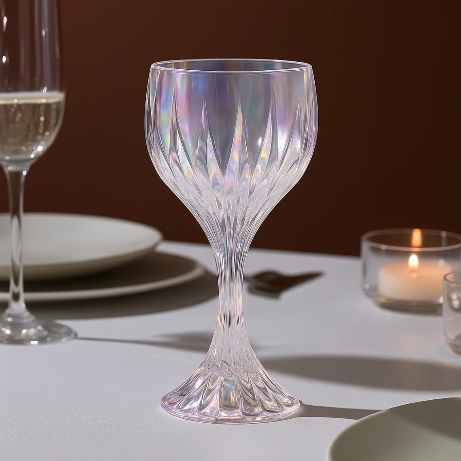 6 Iridescent Clear 10oz Prism Cut Crystal Goblets Wine Glasses