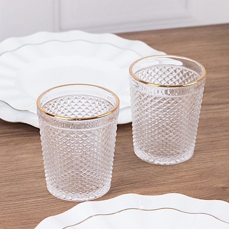 6 pack 11 oz Clear Tumbler Glasses Hobnail Design with Gold Rim